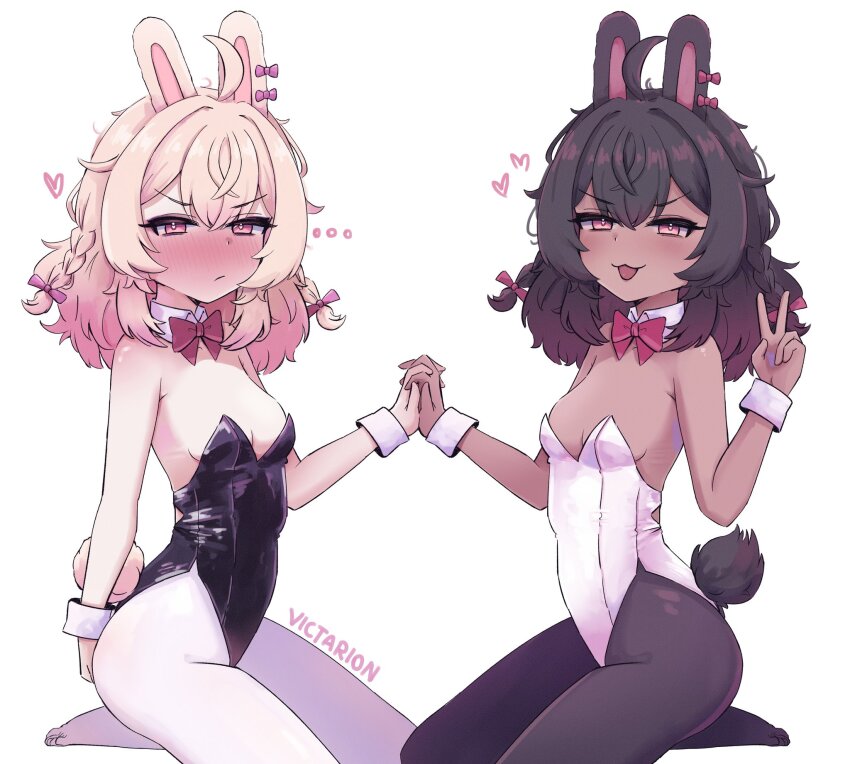 ... 2girls :3 ahoge alternate_skin_color animal_ears artist_name bare_arms bare_shoulders black_hair black_leotard black_pantyhose black_vs_white blonde_hair blush bow bowtie breasts commentary dark-skinned_female dark_skin detached_collar dual_persona english_commentary female_focus frown gradient_hair heart highres holding_hands leotard long_hair multicolored_hair multiple_girls open_mouth pantyhose phase_connect pink_eyes pink_hair pipkin_pippa rabbit_ears rabbit_girl rabbit_tail red_bow red_bowtie simple_background small_breasts smile strapless strapless_leotard tail v victarionsc virtual_youtuber white_background white_leotard white_pantyhose wrist_cuffs