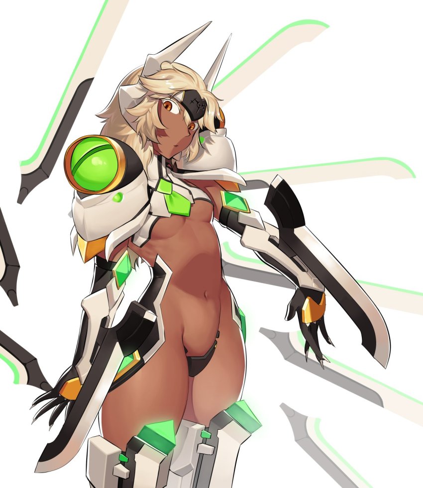 1girl blazblue blue_eyes bodysuit breasts company_connection cosplay crotch_plate dark-skinned_female dark_skin detached_sleeves guilty_gear guilty_gear_xrd headpiece highres long_hair mecha_musume mechanical_wings mu-12 mu-12_(cosplay) multiple_swords multiple_weapons navel necktie partially_undressed platinum_blonde_hair ramlethal_valentine revealing_clothes simple_background small_breasts solo stomach suwaiya thighhighs thighs underboob weapon white_background wings