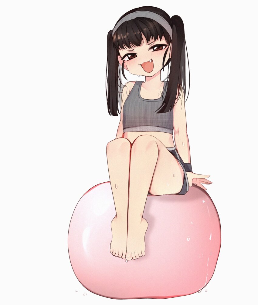 1girl absurdres alternate_breast_size_(larger) ball barefoot black_hair breasts exercise_ball fang hachikuji_mayoi highres loli meemz_a monogatari_(series) open_mouth sitting small_breasts solo toes twintails