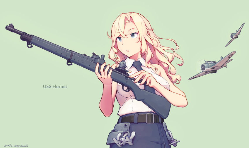 1girl anti-aircraft anti-aircraft_gun autocannon belt black_belt black_necktie black_skirt blonde_hair bofors_40_mm_gun bofors_40_mm_l/60_gun bolt_action breasts cannon character_name cowboy_shot dress_shirt green_background grey_eyes gun highres hornet_(kancolle) kantai_collection large_breasts long_hair m1903_springfield nakaaki_masashi necktie pencil_skirt rifle sbd_dauntless shirt simple_background skirt sleeveless sleeveless_shirt solo weapon white_shirt