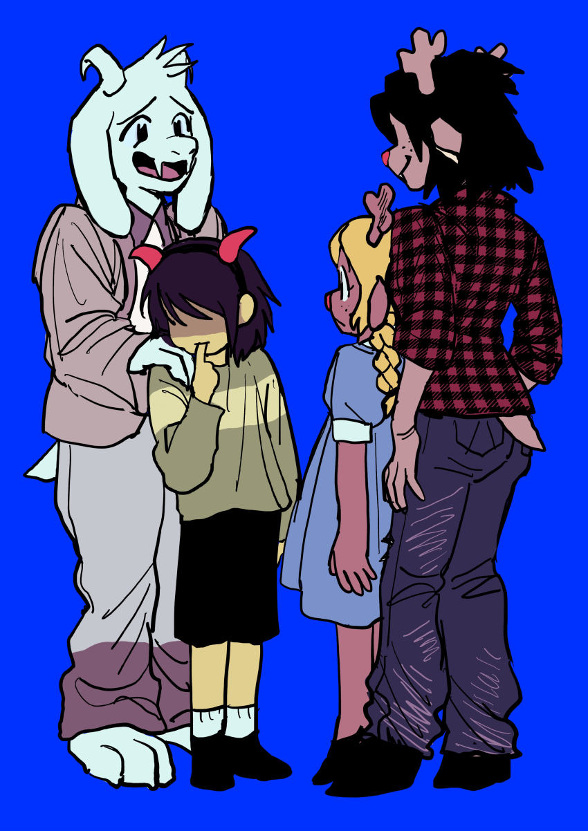1boy 1other 2girls absurdres androgynous animal_ears antlers asriel_dreemurr black_eyes black_hair black_shoes black_shorts blonde_hair blue_background blue_dress braid brown_coat brown_hair checkered_clothes checkered_shirt coat colored_skin commentary_request december_holiday deer_antlers deer_ears deer_girl deer_tail deltarune denim dress fangs finger_sucking from_behind furry furry_female furry_male goat_boy goat_ears goat_horns goat_tail green_sweater hand_on_another&#039;s_shoulder highres hooves horns jeans kris_(deltarune) multiple_girls no_eyes no_shoes noelle_holiday open_mouth pants red_shirt reindeer_girl shaded_face shirt shoes short_hair short_sleeves shorts simple_background skin_fangs smile socks striped_clothes striped_sweater sweater tail uranagi_(uranaginasi) white_fur white_horns white_socks yellow_skin