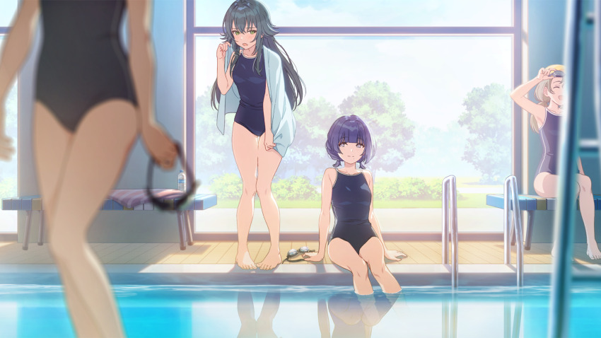 bench bottle bush feet gakuen_idolmaster game_cg goggles grass green_eyes green_hair grey_eyes hataya_misuzu highres holding idolmaster indoor_pool official_art one-piece_swimsuit open_mouth partially_submerged pool purple_hair sitting swimsuit toes towel towel_around_neck tree tsukimura_temari window