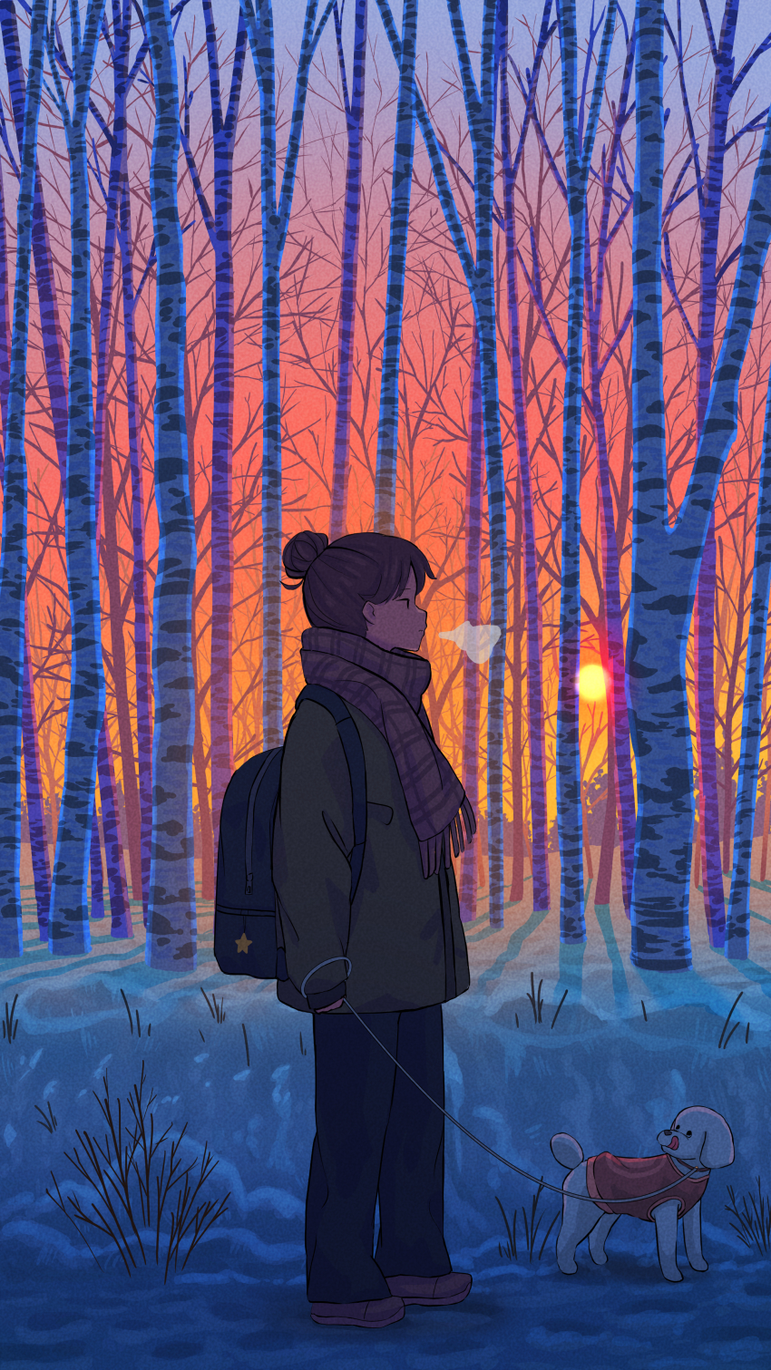 1girl absurdres backpack bag birch_tree black_hair black_pants blue_sky brown_coat brown_footwear coat commentary_request dog evening forest gradient_sky highres long_sleeves nature orange_sky original outdoors pants pasoputi pet_walking scarf scenery sky snow solo standing sunset tree winter