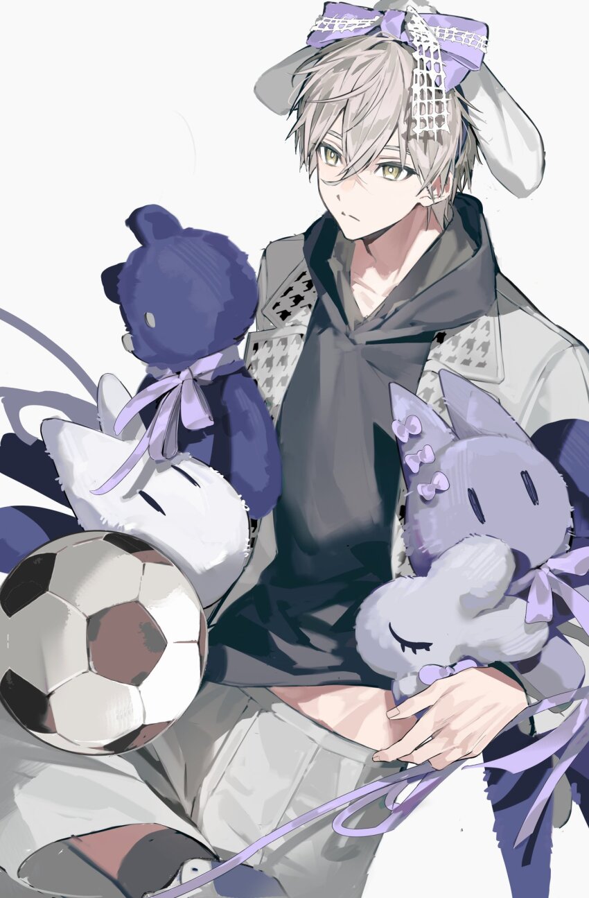 1boy ameinu animal_ears ball blue_lock bow dog_ears fake_animal_ears grey_hair grey_jacket grey_pants hair_between_eyes hair_bow highres holding hood hood_down hoodie jacket long_sleeves male_focus nagi_seishirou pants rabbit_ears short_hair soccer_ball solo stuffed_animal stuffed_toy