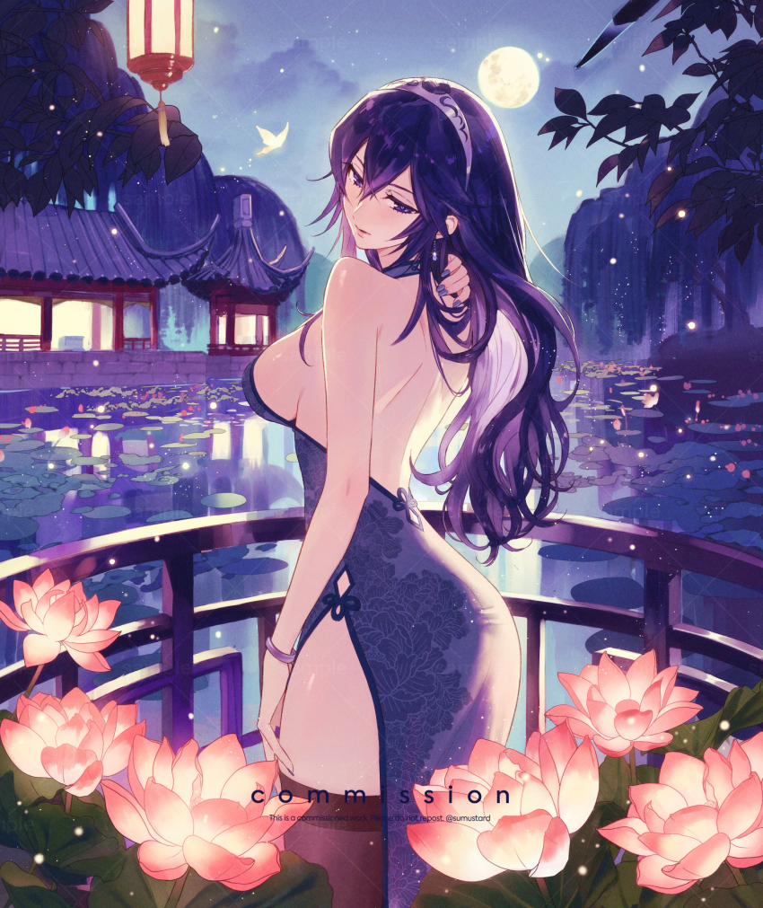 1girl alternate_costume ass back backless_dress backless_outfit blue_hair brand_of_the_exalt breasts bug butterfly commission dress fire_emblem fire_emblem_awakening floral_print_dress flower highres insect lantern lily_pad long_hair looking_back lotus lucina_(fire_emblem) medium_breasts moon night nintendo side_slit sideboob solo sumustard symbol-shaped_pupils thighhighs thighs tiara tree water