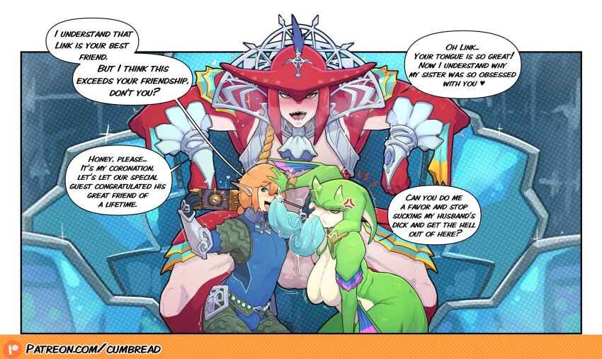 1girl 2boys angry bisexual_male blonde_hair blue_eyes blush breasts bulge cumbread english_text fellatio group_sex highres huge_penis large_breasts licking licking_penis link long_hair mmf_threesome monster_boy monster_girl multiple_boys nintendo one_eye_closed open_mouth oral penis pointy_ears precum sidon speech_bubble testicles the_legend_of_zelda threesome tongue tongue_out veins veiny_penis yaoi yona_(zelda) zora