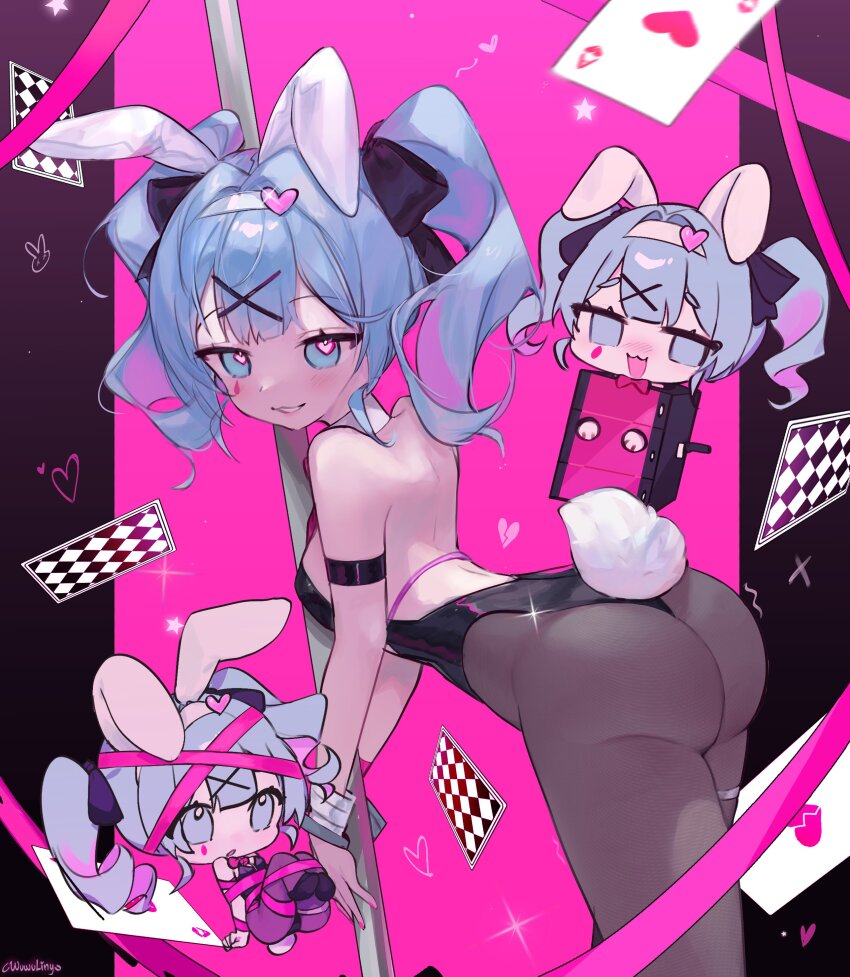 1girl absurdres animal_ears artist_request ass back bare_shoulders blue_eyes blue_hair blush card chibi cuffs fake_animal_ears hair_ornament handcuffs hatsune_miku heart heart-shaped_pupils highres leotard looking_back necktie pantyhose pink_background playboy_bunny poker polearm pure_pure_(rabbit_hole) rabbit_ears rabbit_hole_(vocaloid) rabbit_tail smile symbol-shaped_pupils twintails vocaloid weapon x_hair_ornament