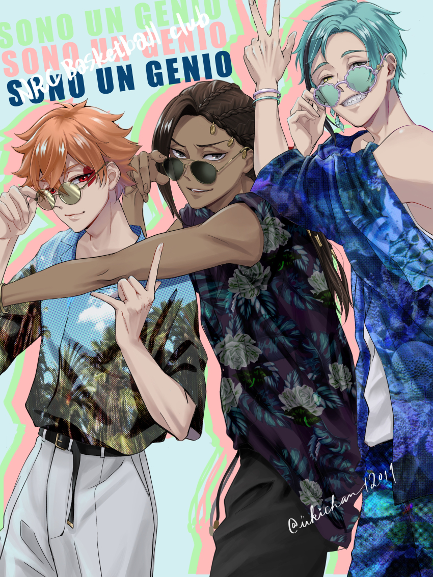 3boys absurdres ace_trappola blue_background blue_hair brown_hair commentary_request cowboy_shot dark-skinned_male dark_skin english_text floral_print floyd_leech glasses grin hawaiian_shirt highres jamil_viper looking_at_viewer male_focus multiple_boys orange_hair shirt short_hair smile sunglasses twisted_wonderland ukichan12011 v vil_schoenheit
