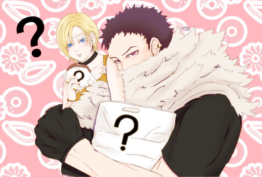 1boy 1girl ? blonde_hair blue_eyes blush charlotte_katakuri curly_eyebrows donut emu_op food genderswap genderswap_(mtf) gloves height_difference highres muscular muscular_male one_piece purple_hair sanji_(one_piece) scarf size_difference