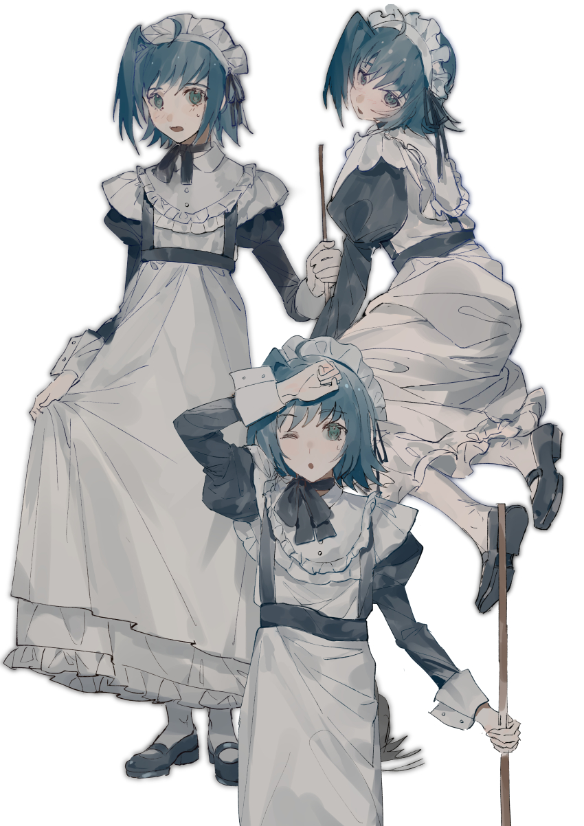 1boy ;o absurdres ahoge alternate_costume apron black_bow black_bowtie black_ribbon black_shoes black_sleeves blue_eyes blue_hair bow bowtie broom buttons cardfight!!_vanguard collared_shirt commentary_request cowboy_shot crossdressing crossdressing_(mtf) dress enmaided frilled_dress frills full_body hair_ribbon highres holding holding_broom juliet_sleeves kneeling long_dress long_sleeves looking_at_viewer looking_back maid maid_headdress male_focus mary_janes medium_hair morgue_(southsakura) multiple_views one_eye_closed one_side_up open_mouth pantyhose puffy_sleeves ribbon sendou_aichi shirt shirt_under_dress shoes simple_background skirt_hold sleeve_cuffs sweatdrop swept_bangs white_apron white_background white_dress white_pantyhose white_shirt white_sleeve_cuffs wiping_sweat