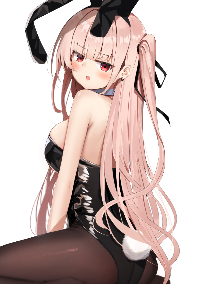 1girl absurdres animal_ear_hairband animal_ears ass black_leotard black_pantyhose blunt_bangs breasts detached_collar fake_animal_ears from_behind hair_ribbon hairband highres large_breasts leotard looking_at_viewer nodoameyatou one_side_up original pantyhose pink_hair playboy_bunny rabbit_ears rabbit_tail red_eyes ribbon simple_background sitting solo strapless strapless_leotard tail white_background wrist_cuffs