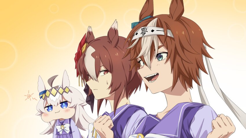 3girls ahoge animal_ears bamboo_memory_(umamusume) blue_eyes bow bowtie chibi closed_mouth ear_bow green_eyes grey_hair hachimaki hair_between_eyes headband highres horse_ears long_hair multicolored_hair multiple_girls oguri_cap_(umamusume) open_mouth orange_eyes pinwheel_hair_ornament puffy_cheeks purple_shirt sailor_collar school_uniform shirt short_hair smile streaked_hair sweatdrop teeth tracen_school_uniform umamusume umamusume:_cinderella_gray upper_body yaeno_muteki_(umamusume) yangmal_(uma_red_sheep)