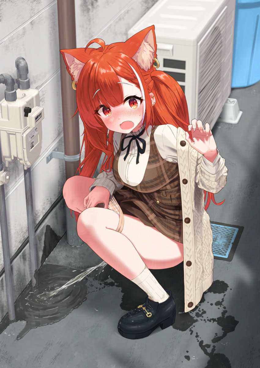 1girl absurdres ahoge animal_ears blush coat coat_on_shoulders dress highres looking_at_viewer nijisanji open_mouth panties pee peeing ratna_petit red_eyes red_hair socks solo underwear urabe_miyabi virtual_youtuber white_socks