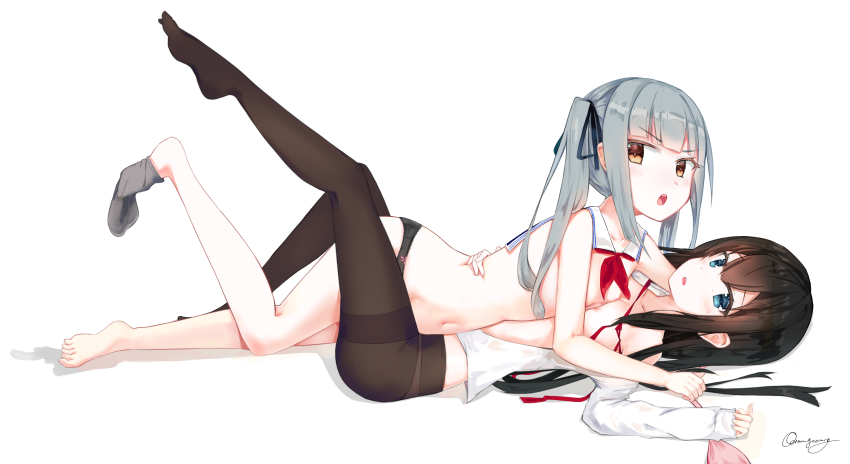 2girls absurdres arm_around_back asashio_(kancolle) barefoot black_panties black_ribbon blue_eyes blush bra brown_eyes flat_chest grey_hair hair_between_eyes hair_ribbon highres kantai_collection kasumi_(kancolle) long_sleeves looking_at_viewer multiple_girls nipples open_clothes open_mouth open_shirt panties pantyhose pink_bra pink_panties red_ribbon ribbon side_ponytail sleeves_past_wrists sock_dangle socks underwear white_background zhiyou_ruozhe