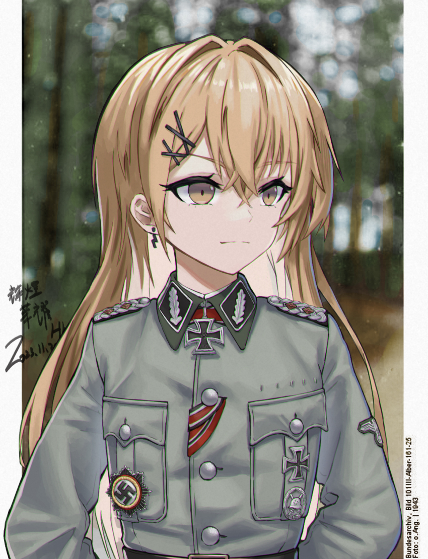 1girl badge belt blonde_hair blurry buttons closed_mouth collar_tabs collared_jacket commentary cross dated day depth_of_field forest girls&#039;_frontline grey_jacket hair_ornament highres huihuang_rongyao insignia iron_cross jacket long_hair long_sleeves looking_ahead medal military_dress_uniform military_jacket military_uniform nature nazi nazi_party_pin octagram outdoors pillarboxed ppk_(girls&#039;_frontline) red_ribbon ribbon shoulder_boards solo swastika waffen-ss wehrmacht world_war_ii x_hair_ornament yellow_eyes
