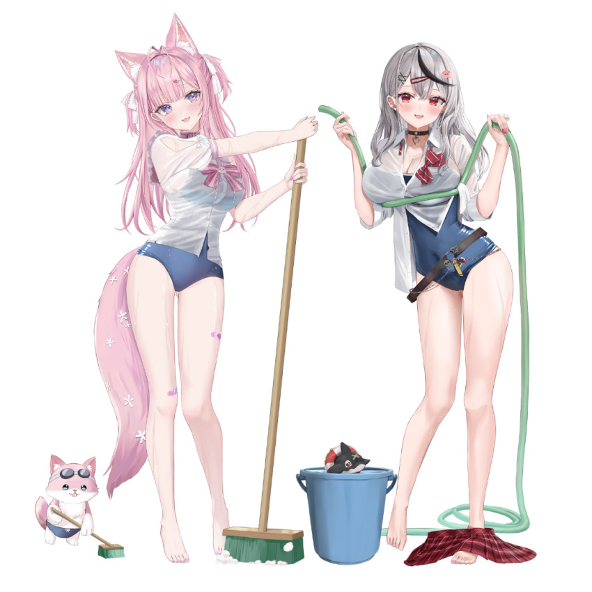 2girls :3 animal_ears antenna_hair ara1e arm_cutout bandaid bandaid_on_leg bandaid_on_thigh barefoot belt black_belt black_choker black_hair blue_buruma blue_one-piece_swimsuit blush bow bowtie breasts bucket bucket_of_water buruma choker cleavage collar collared_shirt extra_ears feet fingernails full_body gluteal_fold grey_hair grey_nails hair_ornament hair_ribbon hairclip hakui_koyori hakui_koyori_(school_uniform) heart heart_collar heart_hair_ornament holding holding_hose holding_mop hololive hose inu_(sakamata_chloe) knees kokoro_(hakui_koyori) large_breasts long_hair looking_at_viewer mop multicolored_hair multicolored_nails multiple_girls nail_polish o-ring o-ring_belt o-ring_choker octopus_hair_ornament one-piece_swimsuit open_mouth pink_bandaid pink_belt pink_bow pink_bowtie pink_choker pink_collar pink_hair pink_nails plaid_clothes plaid_skirt purple_eyes red_bow red_bowtie red_eyes red_nails red_skirt ribbon sakamata_chloe sakamata_chloe_(gyarumata) school_swimsuit school_uniform serafuku shirt short_sleeves simple_background skirt smile streaked_hair striped_bow striped_bowtie striped_clothes sweeping swimsuit swimsuit_under_clothes tail thighs transparent_background two-tone_hair two_side_up unworn_skirt virtual_youtuber white_ribbon white_serafuku white_shirt wolf_ears wolf_girl wolf_tail