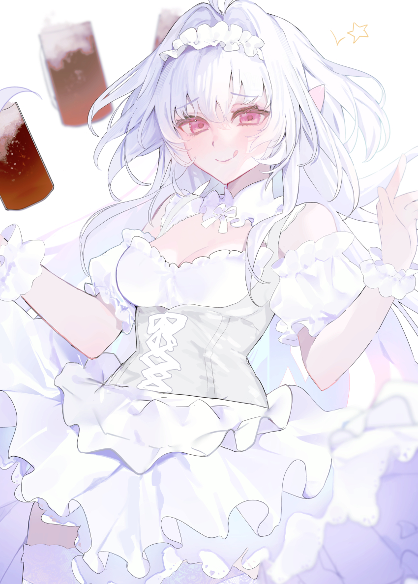 1girl absurdres ahoge bare_shoulders beer_mug blush breasts cleavage_cutout clothing_cutout corset cup dirndl dress fate/grand_order fate_(series) frilled_hairband frills german_clothes hairband highres lady_avalon_(event_portrait)_(fate) lady_avalon_(fate) long_hair looking_at_viewer medium_breasts merlin_(fate/prototype) mug pointy_ears red_eyes scrunchie smile solo uxco0 very_long_hair white_dress white_hair wrist_scrunchie