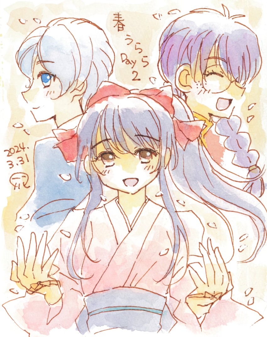 3girls blue_eyes blue_hair bow braid breasts brown_hair cherry_blossoms chinese_clothes closed_eyes fingerless_gloves glasses gloves grey_hair hair_ribbon happy highres japanese_clothes long_hair medium_breasts multiple_girls open_mouth ponytail purple_hair red_bow reni_milchstrasse ri_kouran ribbon sakura_taisen sega shinguuji_sakura smile traditional_media twin_braids