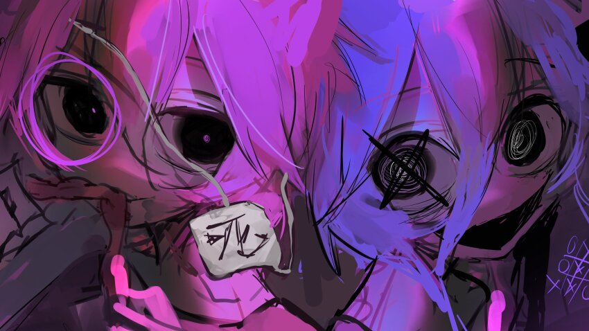 2girls 74r0l9 :d @_@ autooohyo black_eyes crazy crazy_eyes crazy_smile highres looking_at_viewer monocle multiple_girls open_mouth original pink_hair purple_hair smile tagme tic-tac-toe x_x