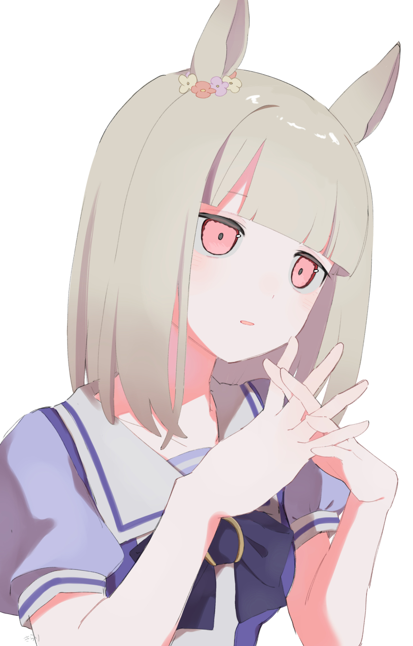 1girl absurdres animal_ears blonde_hair blue_eyes blunt_bangs bow bowtie chazuke ear_flower happy_meek_(umamusume) highres horse_ears horse_girl light_blush own_hands_clasped own_hands_together parted_lips puffy_short_sleeves puffy_sleeves purple_bow purple_bowtie purple_shirt sailor_collar school_uniform shirt short_sleeves simple_background solo tracen_school_uniform two-tone_shirt umamusume white_background white_sailor_collar white_shirt yellow_eyes
