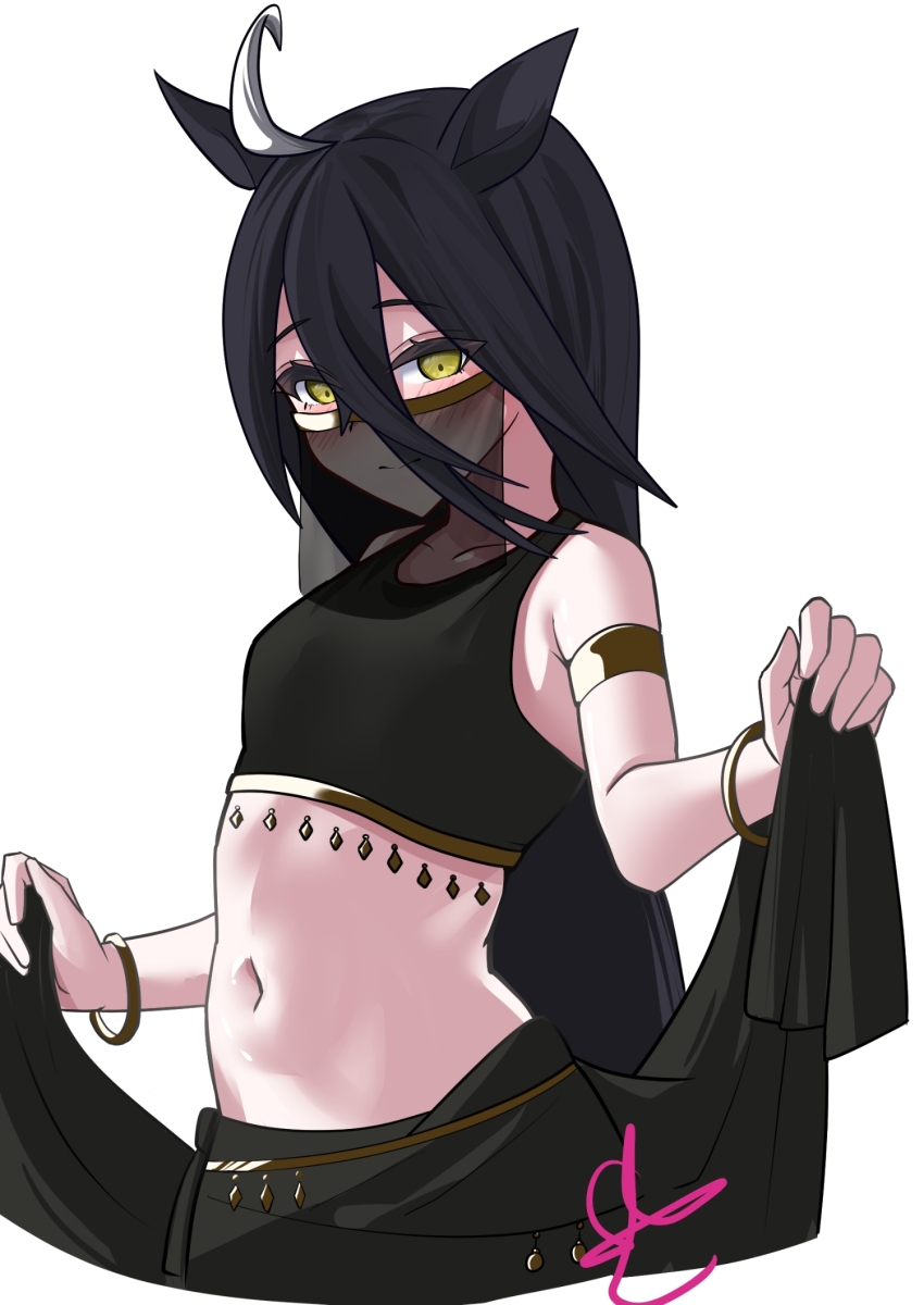1girl ahoge animal_ears armlet bare_shoulders black_hair blush bracelet closed_mouth harem_outfit highres horse_ears horse_girl jewelry long_hair manhattan_cafe_(umamusume) mouth_veil multicolored_hair navel shirt simple_background slcunix sleeveless sleeveless_shirt solo stomach streaked_hair umamusume upper_body veil white_background white_hair yellow_eyes