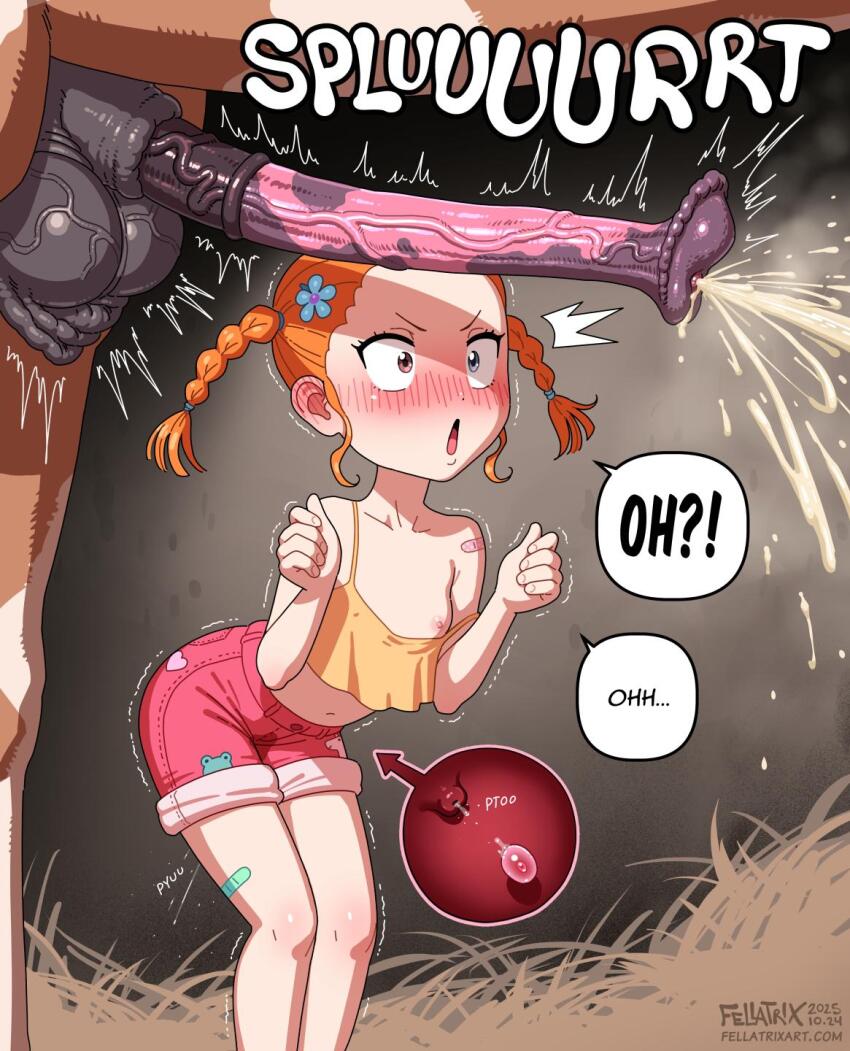 1boy 1girl animal_penis artist_name bandaid bandaid_on_shoulder bandaid_on_thigh bestiality blue_eyes blush brown_eyes commentary crop_top cum dated deputy_(fellatrix) ejaculation english_commentary english_text fellatrix heterochromia highres horse_penis loli nipples open_mouth orange_eyes orange_tank_top original ovulation penis pink_shorts short_twintails shorts sound_effects speech_bubble suzie_q_(fellatrix) tank_top testicles twintails veins veiny_penis watermark web_address