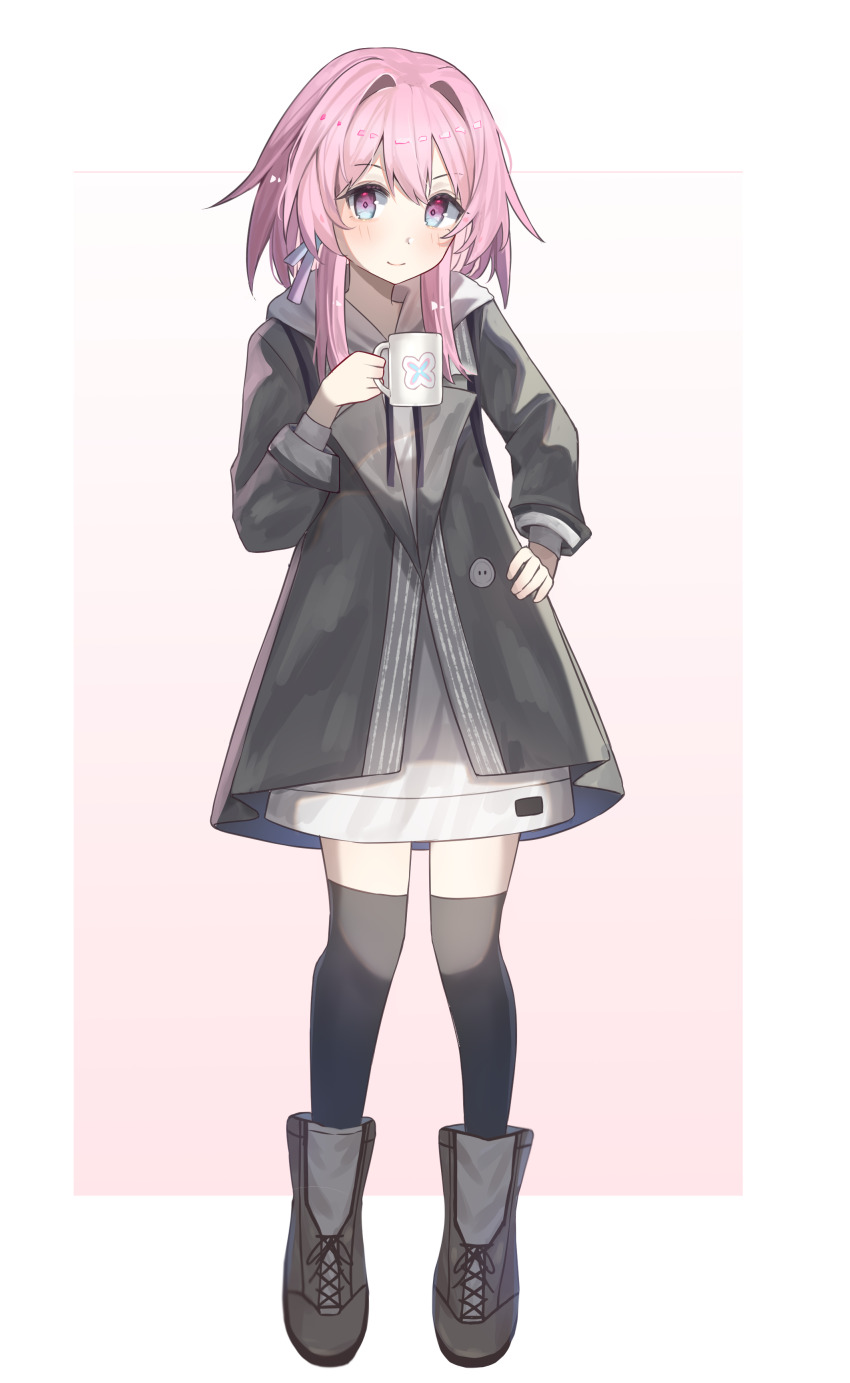 1girl absurdres amatsukaze_(hinamatsuri)_(kancolle) amatsukaze_(kancolle) amatsukaze_(kancolle)_(cosplay) black_boots black_coat black_thighhighs blue_eyes boots closed_mouth coat commission commissioner_upload cosplay cup dress earrings full_body hair_intakes highres holding holding_cup honkai:_star_rail honkai_(series) jewelry kantai_collection light_blush looking_at_viewer march_7th_(honkai:_star_rail) medium_hair mug multicolored_eyes non-web_source painttool_sai_(medium) pedapunn pink_eyes pink_hair short_dress single_earring smile solo thighhighs two-tone_eyes white_dress