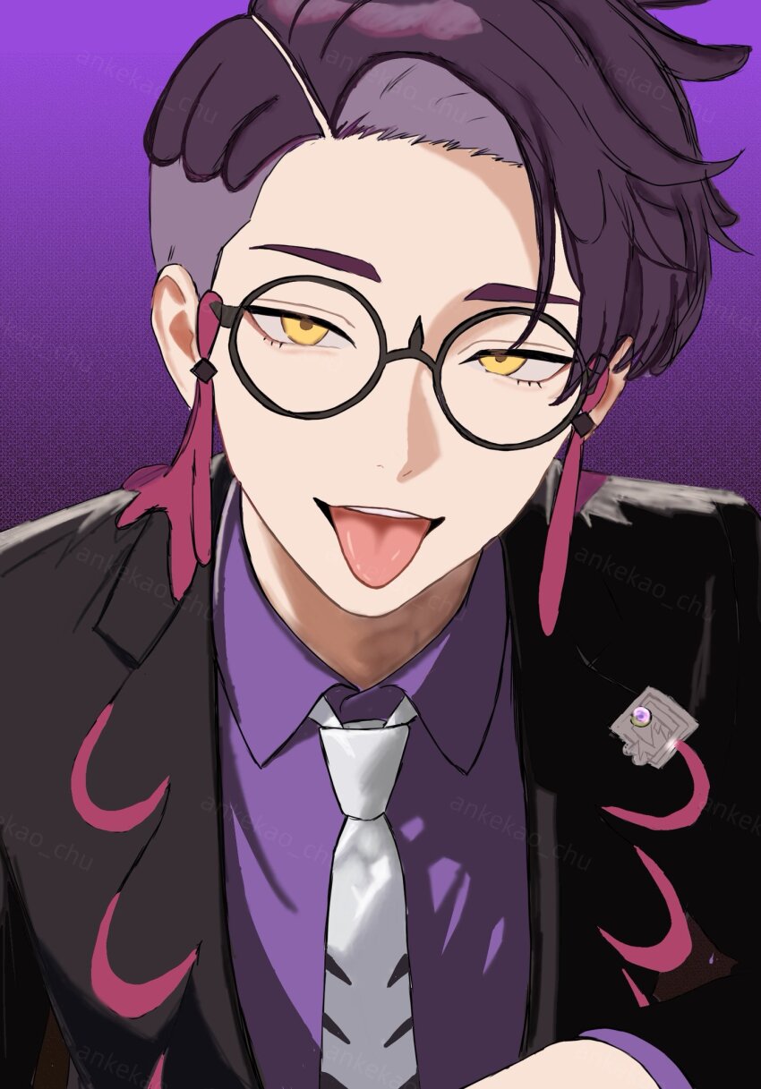 1boy ankekao_chu badge black_jacket collared_shirt commentary_request corbeau_(pokemon) eyelashes glasses gradient_background highres jacket long_sleeves looking_at_viewer male_focus necktie nintendo pokemon pokemon_legends:_z-a purple_background round_eyewear shirt short_hair solo tongue tongue_out twitter_username undercut white_necktie yellow_eyes