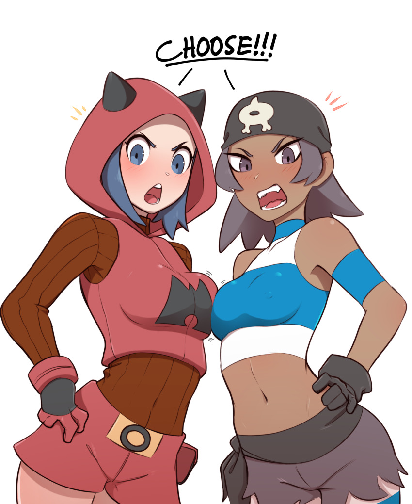 2girls absurdres asymmetrical_docking bandana black_gloves blush breast_press breasts commentary dark-skinned_female dark_skin english_text gloves grey_eyes grey_hair hand_on_own_hip highres hood hood_up multiple_girls navel nintendo open_mouth pantyhose pokemon pokemon_oras pudgeruffian red_shorts short_hair shorts striped team_aqua team_aqua_grunt team_aqua_grunt_(female) team_aqua_uniform team_magma team_magma_grunt team_magma_uniform teeth tongue v-shaped_eyebrows white_background