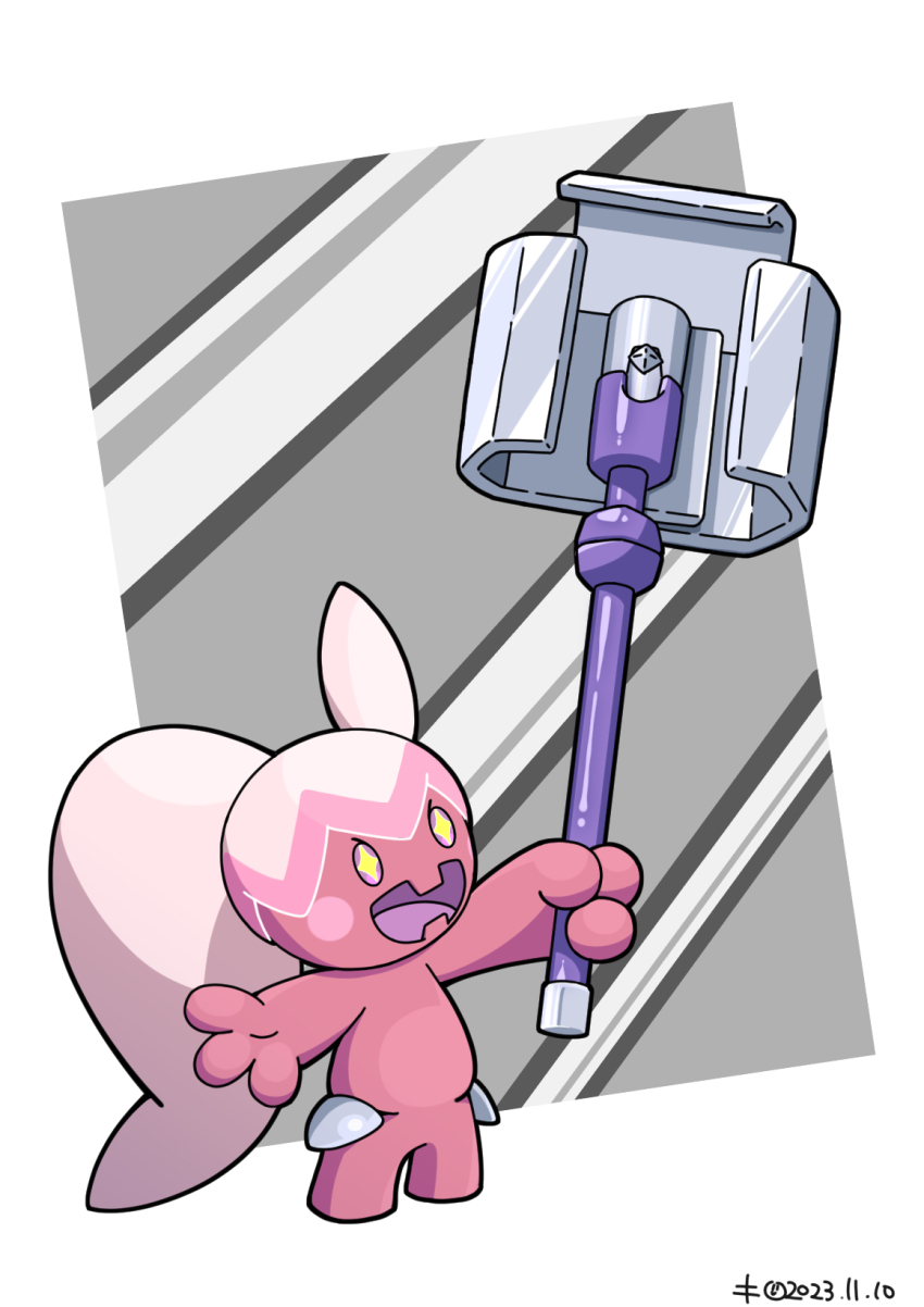 +_+ blush blush_stickers dated full_body hammer highres holding holding_hammer kimii_(f07_harmony) long_hair nintendo no_humans open_mouth pink_hair pokemon pokemon_(creature) ponytail simple_background smile solo tinkatuff white_background