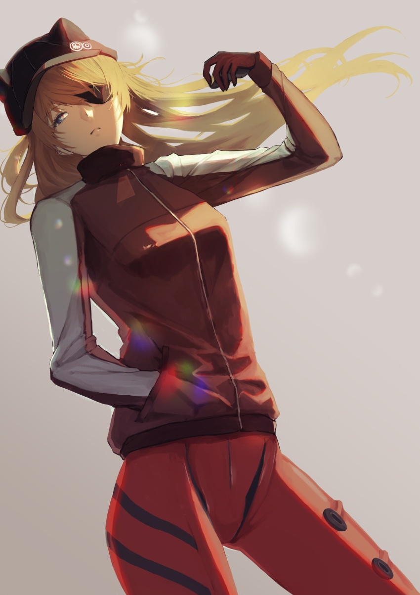 1girl arm_up black_hat blue_eyes bodysuit breasts brown_hair closed_mouth evangelion:_3.0_you_can_(not)_redo eyepatch hand_in_pocket hat highres jacket looking_at_viewer neon_genesis_evangelion rebuild_of_evangelion red_bodysuit red_jacket shiki7ash small_breasts solo souryuu_asuka_langley track_jacket turtleneck turtleneck_jacket