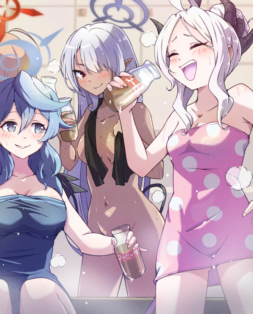 4girls ako_(blue_archive) bare_shoulders bathroom blue_archive blue_eyes blue_hair bottle breasts brown_hair chinatsu_(blue_archive) cleavage collarbone convenient_censoring covering_breasts covering_privates dark-skinned_female dark_skin demon_girl demon_horns demon_tail drinking grey_hair grey_halo halo highres hina_(blue_archive) holding holding_bottle horns iori_(blue_archive) large_breasts long_hair medium_hair mosuke1221 multiple_girls naked_towel navel nude open_mouth prefect_team_(blue_archive) red_eyes red_halo sitting smile stomach tail teeth thighs towel upper_teeth_only white_hair