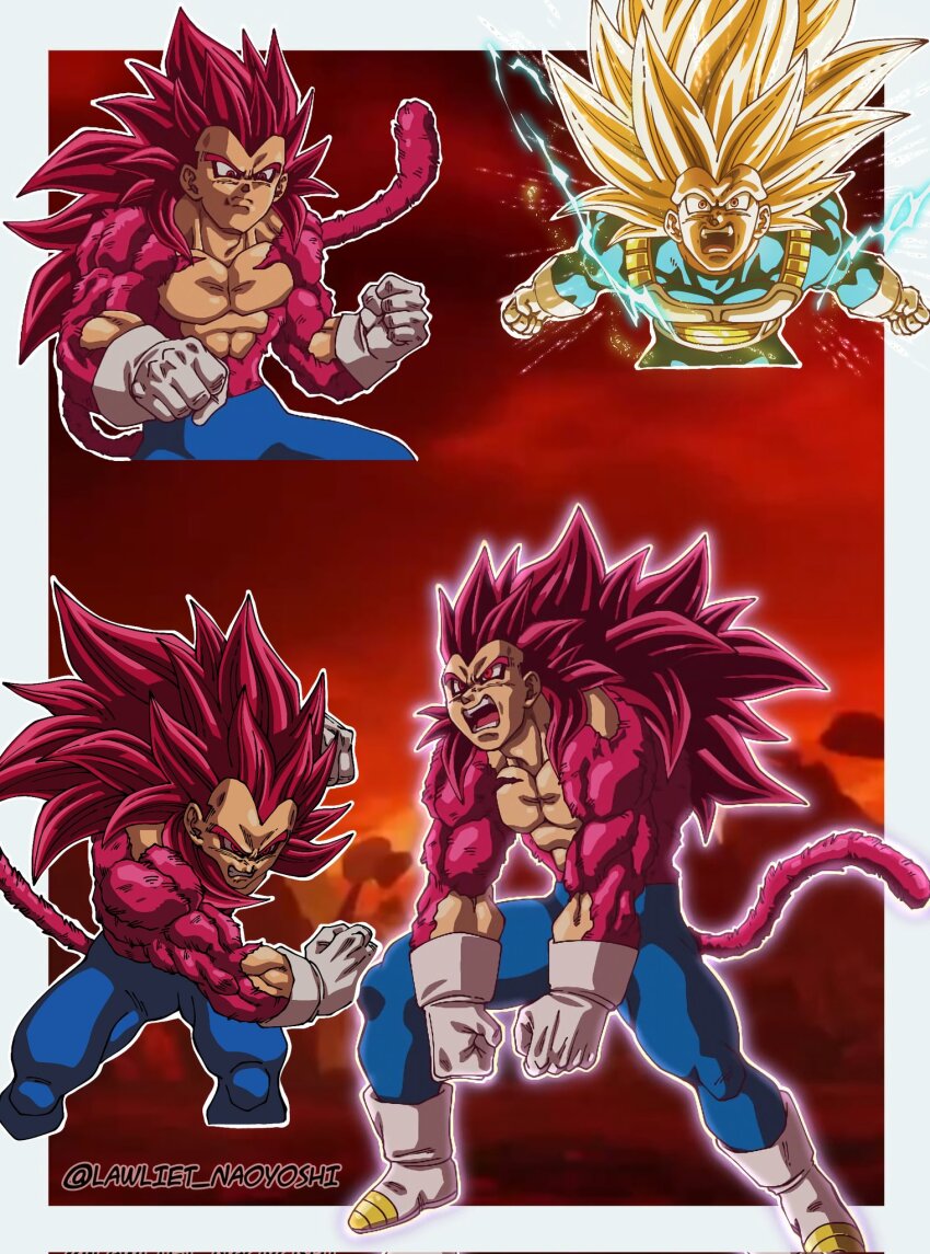 alternate_universe blonde_hair blue_bodysuit body_fur bodysuit border cowboy_shot dragon_ball dragon_ball_daima electricity gloves green_eyes highres lawliet_artt long_hair monkey_tail multiple_views muscular muscular_male no_eyebrows red_eyes red_fur red_hair red_tail spiked_hair super_saiyan super_saiyan_3 super_saiyan_4 tail topless_male vegeta white_border white_gloves