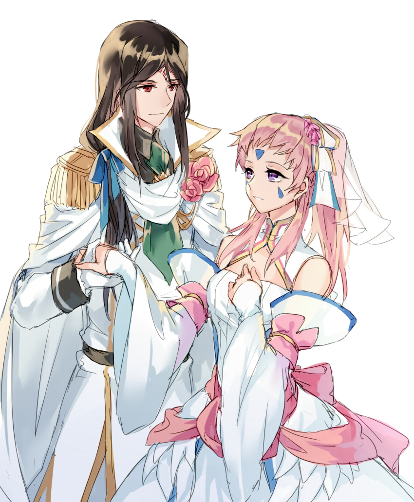 1boy 1girl black_hair bridal_veil bride couple dress ena_(fire_emblem) fire_emblem fire_emblem:_path_of_radiance fire_emblem:_radiant_dawn groom hetero highres husband_and_wife jnsghsi nintendo pink_hair purple_eyes rajaion_(fire_emblem) red_eyes veil wedding_dress
