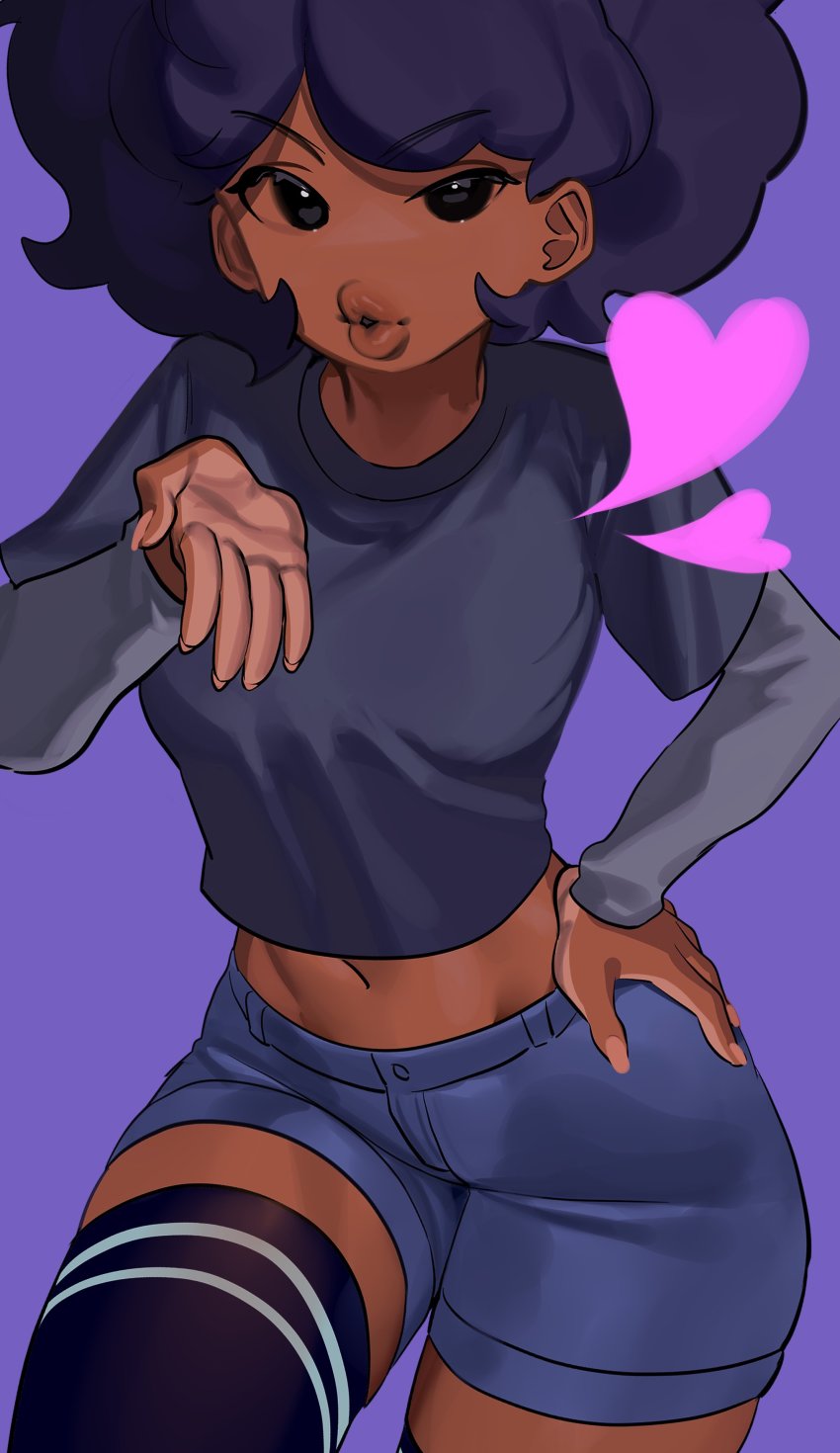 1girl absurdres black_eyes black_shirt black_thighhighs blowing_kiss blue_shorts borrowed_character carol_(bbpanzu) cowboy_shot dark-skinned_female dark_skin friday_night_funkin&#039; hand_on_own_hip heart highres layered_sleeves long_sleeves looking_at_viewer midriff navel nia_(nia4294) no_nose original purple_background shirt short_over_long_sleeves short_sleeves shorts simple_background solo thighhighs