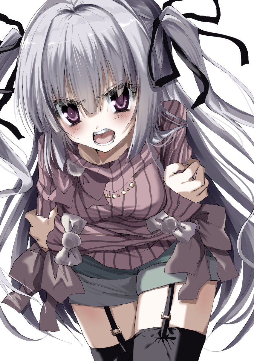 1girl angry black_thighhighs crossed_arms garter_straps grey_hair grey_shorts highres jewelry kasukasugom1 leaning_forward long_hair looking_at_viewer nakamura_reika necklace open_mouth pearl_necklace pink_sweater purple_hair sakura_no_toki sakura_no_uta shorts simple_background solo standing sweater teeth thighhighs tongue turtleneck turtleneck_sweater two_side_up v-shaped_eyebrows white_background