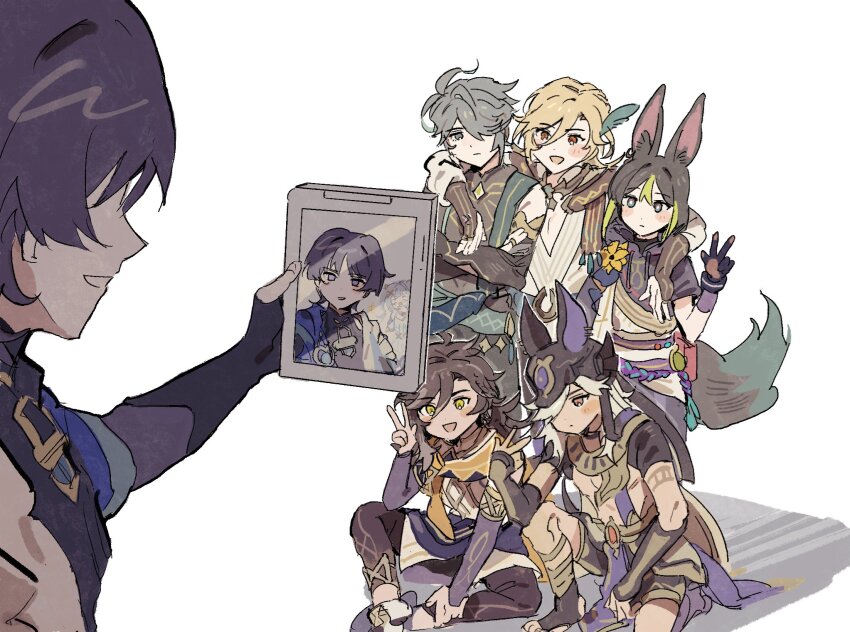 1girl 6+boys ahoge alhaitham_(genshin_impact) anachronism animal_ear_fluff animal_ears aqua_hair arm_up asymmetrical_sleeves bare_shoulders black_choker black_gloves black_hair black_hoodie black_pants black_shirt black_shorts black_tank_top blonde_hair blue_cape blue_eyes blue_gloves blue_hair blunt_ends blush brown_hair cape choker closed_eyes closed_mouth clothing_cutout crossed_arms crystal cyno_(genshin_impact) dada_dain dark-skinned_male dark_skin dress elbow_gloves fake_animal_ears faruzan_(genshin_impact) feather_hair_ornament feathers fingerless_gloves fingernails flower fox_boy fox_ears fox_tail genshin_impact gloves green_eyes green_hair grey_eyes grey_hair hair_between_eyes hair_ornament hair_over_one_eye half-closed_eye hand_up helmet highres holding holding_tablet_pc hood hoodie jackal_ears kaveh_(genshin_impact) layered_sleeves long_hair long_sleeves looking_at_another looking_at_object mandarin_collar medium_hair meme mismatched_sleeves multicolored_hair multiple_boys narcissism no_eyes no_headwear open_clothes open_mouth open_vest orange_eyes pants puffy_long_sleeves puffy_sleeves purple_eyes purple_hair red_eyes scaramouche_(genshin_impact) selfie_prank_(meme) sethos_(genshin_impact) shadow shirt shoes short_hair short_over_long_sleeves short_sleeves shorts shoulder_cutout simple_background sitting sleeveless sleeveless_shirt smile standing streaked_hair tablet_pc tail taking_picture tank_top tassel teeth tighnari_(genshin_impact) twintails two-tone_hair vest w wanderer_(genshin_impact) white_background white_dress white_footwear white_shirt white_vest x_hair_ornament yellow_flower