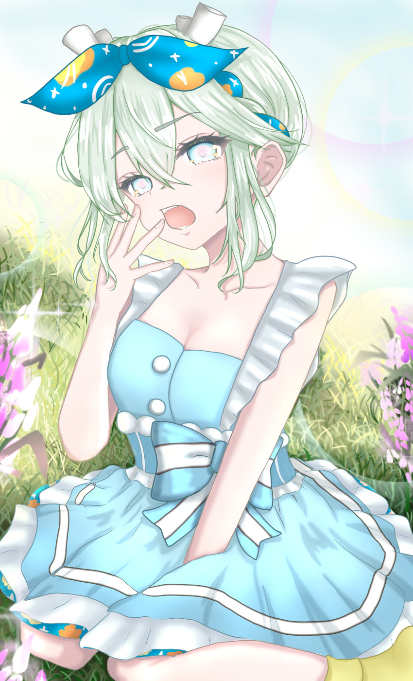 1girl absurdres antlers blue_dress blue_ribbon breasts dress fate/grand_order fate_(series) flower gnome green_eyes green_hair hair_between_eyes hair_ribbon hand_to_own_mouth highres horns lawn looking_at_viewer louhi_(fate) louhi_(first_ascension)_(fate) open_mouth petite pink_flower ribbon short_hair sitting skirt small_breasts solo white_eyes yawning yuruku_ikiru_ojisan