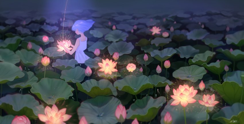 1girl absurdres aki_a0623 bare_arms bare_shoulders blue_background bud commentary_request dew_drop dress floating_hair flower from_behind glowing grey_hair highres leaf light_particles lotus nature night original outdoors outstretched_arms pond scenery short_hair sky sleeveless sleeveless_dress solo sundress upper_body water water_drop white_dress