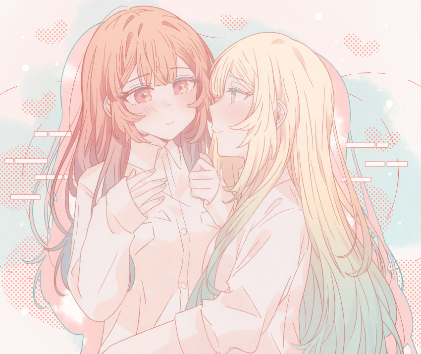 2girls :t absurdres blonde_hair breasts brown_eyes buttons closed_mouth collared_shirt fuwa_aya gradient_hair green_background green_hair hands_up heart highres hug kousaka_0v0 light_blush long_hair long_sleeves looking_at_another multicolored_hair multiple_girls onna_doushi_toka_arienai_desho_to_iiharu_onnanoko_wo_hyakunichikan_de_tetteiteki_ni_otosu_yuri_no_ohanashi polka_dot_heart profile sakakibara_marika shirt sidelocks sleeves_past_wrists small_breasts two-tone_hair upper_body white_shirt yellow_shirt yuri