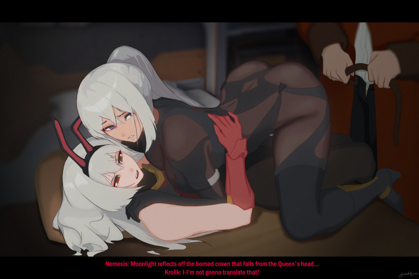 1boy 2girls absurdres animal_ears ass asymmetrical_docking bare_shoulders belt black_bodysuit black_pants body_armor bodysuit boots breast_press breasts coat commander_(girls&#039;_frontline) dark-skinned_female dark_skin english_text fake_animal_ears girls&#039;_frontline girls&#039;_frontline_2:_exilium grey_hair griffin_&amp;_kryuger_military_uniform hair_between_eyes high_heel_boots high_heels highres holding holding_belt hug imminent_penetration krolik_(girls&#039;_frontline_2) large_breasts leotard letterboxed long_hair long_sleeves looking_at_another looking_at_viewer looking_to_the_side lying mechanical_ears multiple_girls nemesis_(girls&#039;_frontline_2) nishibuya official_alternate_costume on_back open_fly open_mouth pants pillow playboy_bunny ponytail purple_eyes rabbit_ears red_coat red_eyes tactical_clothes tactical_playboy_bunny teeth top-down_bottom-up twitter_username upper_teeth_only