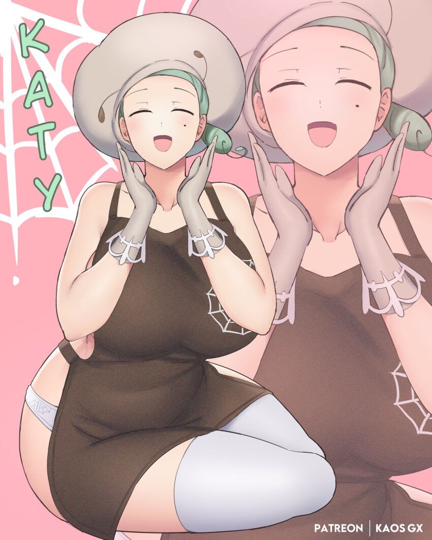 1girl apron ascot blush breasts brown_apron brown_ascot chef chef_hat gloves green_hair hat highres kaos_art katy_(pokemon) low_side_ponytail mole mole_on_cheek nintendo open_mouth panties pokemon pokemon_sv smile solo thighhighs underwear white_panties white_thighhighs