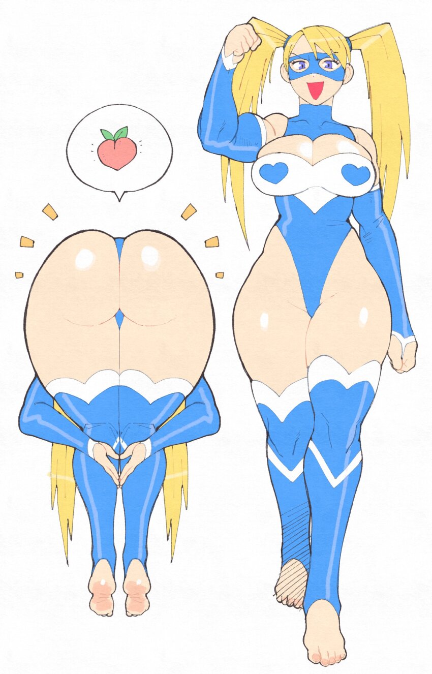 1girl ass barefoot bent_over blonde_hair breasts cleavage cleavage_cutout clothing_cutout curvy food fruit heart heart_print highleg highleg_leotard highres huge_ass inkerton-kun large_breasts leotard long_hair mask meme multiple_views no_lady_on_twitter_can_recreate_this_(meme) peach rainbow_mika smile speech_bubble street_fighter thong_leotard twintails very_long_hair wide_hips
