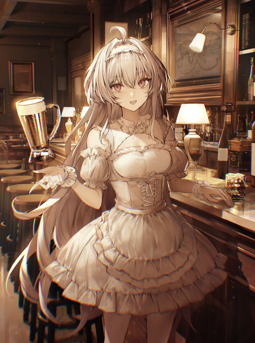 1girl absurdres ahoge alcohol apron bar_(place) bare_shoulders beer beer_mug breasts cleavage_cutout clothing_cutout corset cup dirndl dress fate/grand_order fate_(series) frilled_hairband frills german_clothes hairband highres lady_avalon_(event_portrait)_(fate) lady_avalon_(fate) lamp long_hair looking_at_viewer medium_breasts merlin_(fate/prototype) mug open_mouth pink_eyes scrunchie smile solo stool tamitami thighhighs thighs very_long_hair waist_apron white_dress white_hair white_thighhighs wrist_scrunchie