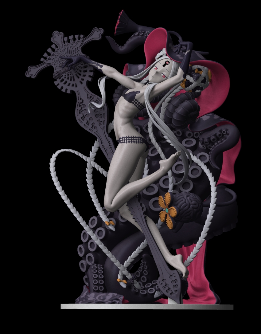 1girl 3d abigail_williams_(fate) abigail_williams_(swimsuit_foreigner)_(fate) abigail_williams_(swimsuit_foreigner)_(first_ascension)_(fate) barefoot bikini black_bikini bow colored_skin cyohank fate/grand_order fate_(series) flat_chest full_body gloves grey_hair grey_skin highres keyhole long_hair looking_at_viewer luthar_(fate) navel nosh_(fate) orange_bow outstretched_arm parted_lips red_eyes ribs sidelocks solo swimsuit tentacles third_eye two-tone_headwear very_long_hair z3zz4