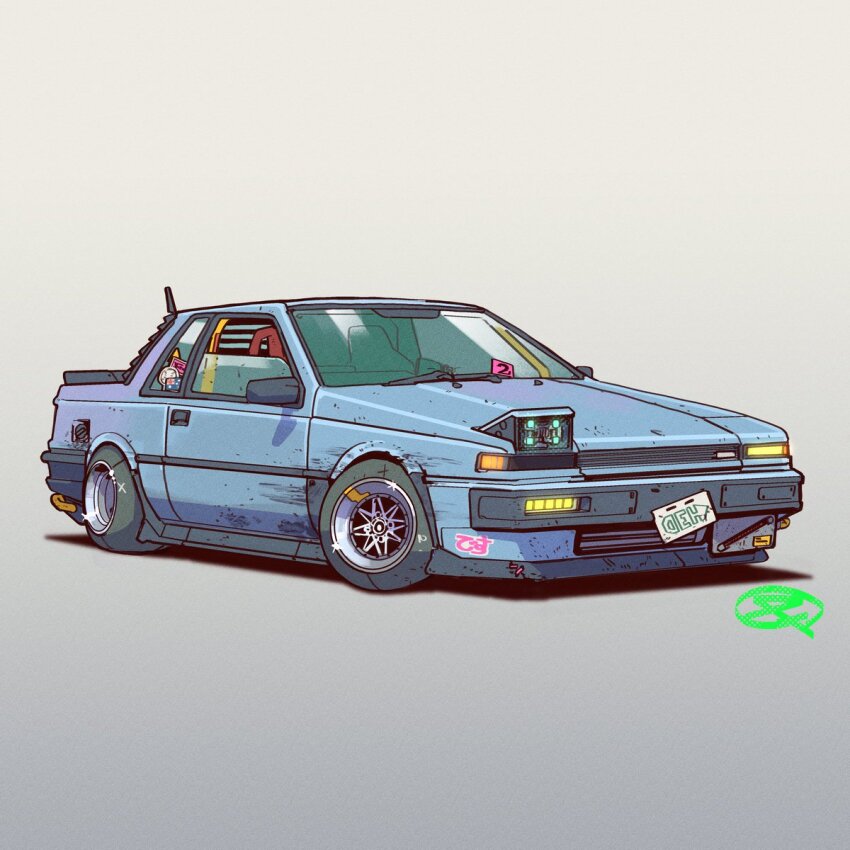 australian_flag blue_car car commission fernando_correa glowing grey_background highres honda honda_prelude motor_vehicle no_humans original pop-up_headlights signature single_pop-up_headlight sports_car vehicle_focus