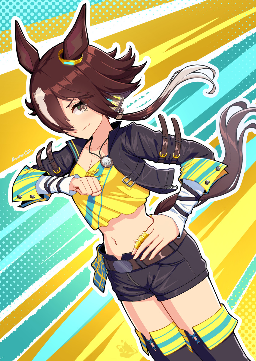 1girl absurdres animal_ears belt black_boots black_shorts blue_background boots breasts brown_belt brown_eyes brown_hair cleavage closed_mouth collarbone commentary cowboy_shot crop_top crop_top_overhang cropped_jacket ear_ornament floating_hair hair_between_eyes hair_over_one_eye hand_on_own_hip highres horse_ears horse_girl horse_tail jacket long_hair long_sleeves looking_at_viewer low_ponytail midriff mouhantain multicolored_hair navel open_clothes open_jacket ponytail shirt short_shorts shorts sidelocks small_breasts solo standing stopwatch stopwatch_around_neck streaked_hair tail thigh_boots two-tone_background umamusume vodka_(umamusume) watch white_hair yellow_background yellow_shirt