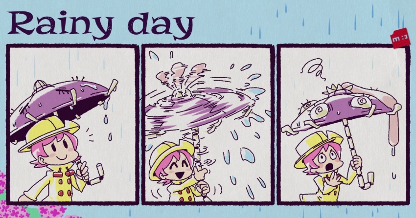 1girl 3koma @_@ chibi comic dizzy english_text hat holding holding_umbrella hungern_(skullgirls) minawa108 pink_hair raincoat short_hair skullgirls smile solo tongue tongue_out umbrella umbrella_(skullgirls) wet
