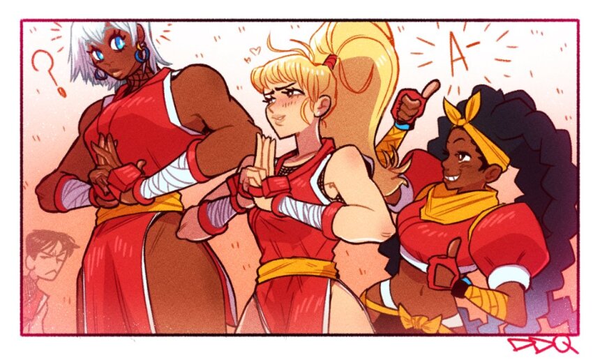 1boy 3girls :&lt; ? black_hair blonde_hair braid cosplay crop_top dark-skinned_female dark_skin demidevilqueen elena_(street_fighter) final_fight final_fight_2 genryuusai_maki genryuusai_maki_(cosplay) guy_(final_fight) kimberly_jackson kuji-in multiple_braids multiple_girls ponytail quad_braids smile street_fighter street_fighter_6 street_fighter_iii_(series) tall_female thumbs_up white_hair