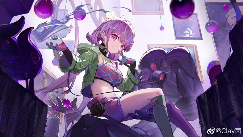 1girl :p absurdres breasts chinese_commentary clay_(clayjun) commentary_request feet_out_of_frame finger_to_mouth girls&#039;_frontline girls&#039;_frontline_neural_cloud green_jacket highres hood hood_down hooded_jacket jacket kneehighs large_breasts long_hair looking_at_viewer midriff monster multicolored_hair navel painting_(object) paint_palette pink_eyes pink_hair pink_shorts pink_tank_top puzzle_(neural_cloud) shorts sitting slime_(substance) smile socks streaked_hair symbol-shaped_pupils tank_top tongue tongue_out watermark weibo_watermark